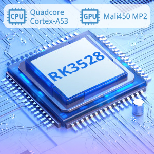 Computer processor chip labeled RK3528 on a circuit board. Logos for Quadcore Cortex-A53 and Mali450 MP2 visible.