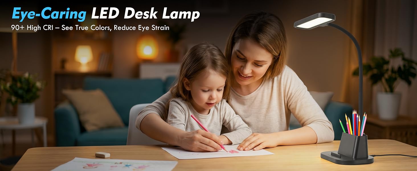 Desk Lamps for Home Office with Pen Holder USB Charging Ports Reading Light LED Table Lamp