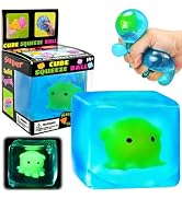 Blue Squeeze Cube with Luminous Octopus Inside,Squishy Stress Fidget Gummy Toys ,Glow in The Dark...