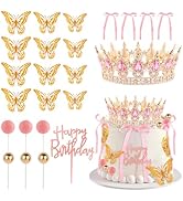 Hooqict 24Pcs Crown Cake Decorations Set with Pink Bows Gold Butterflies Happy Birthday Crown Cak...