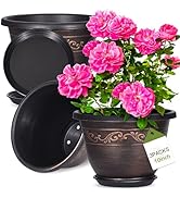 Plastic-Plant-Flower-Planters-10 Inch with Drainage Hole & Saucer, 3 Packs Lightweight Small Resi...