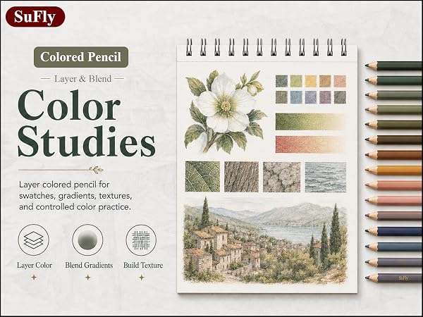 SuFly sketchbook showing colored pencil flowers, color swatches, gradients, visual texture studies