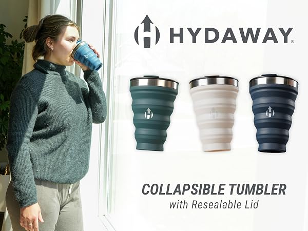 HYDAWAY collapsible tumbler with resealable lid in Agave, Sandbar and Seaside colors