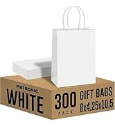 METRONIC 300 Pack White Paper Bags 8x4.25x10.5 inch,Medium Kraft Craft Gift Bag Bulk with Handles...