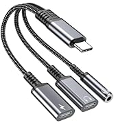 USB-C to 3.5mm Headphone and Charger Adapter, 3 in 1 Dual Type C Aux Splitter Charger Headphone J...