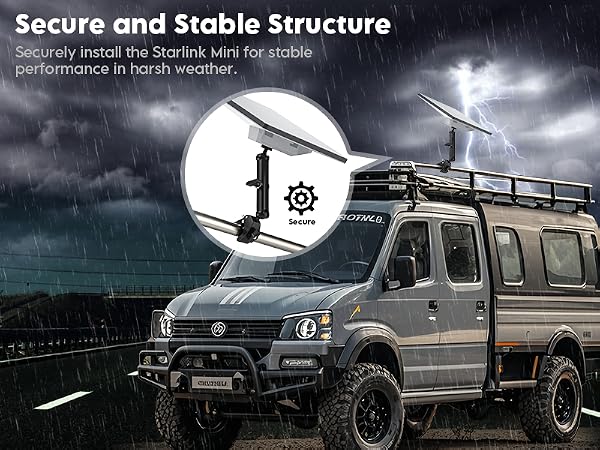 Text reads 'Secure and Stable Structure'. Night-time images of vans or recreational vehicles with mounted lighting systems.