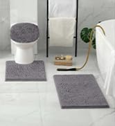 HOMEIDEAS Grey Bathroom Rugs Sets 3 Piece, Chenille Bath Rugs Soft Absorbent Non Slip Washable Ba...