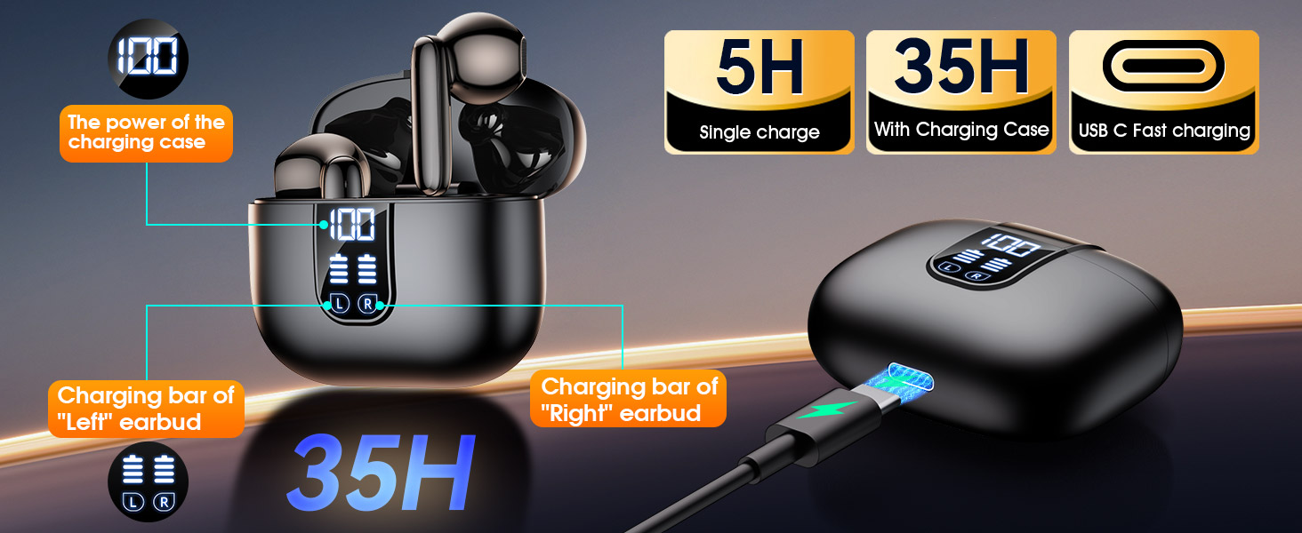 Earbuds on the horizon, showing 35H battery life for both earbuds and case.