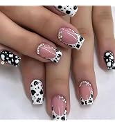LBPEPAMZ 24Pcs Cow Press on Nails Short Square French Tip Fake Nails with Glitter Rhinestones Des...