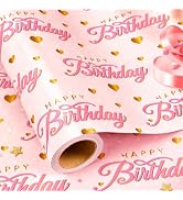 Burymento Pink Birthday Wrapping Paper Roll - 17in x 16.4ft, Happy Birthday Heart Girly Gift Wrap...