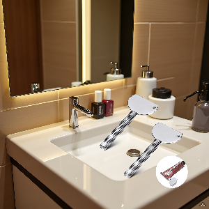 A cluttered bathroom counter with various product tubes scattered around.