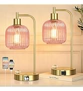 QiMH Industrial Table Lamp for Bedroom Set of 2, Pink Glass Beside Lamp with USB A&C Ports, Stepl...