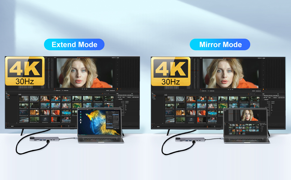 Comparison of Extend Mode and Mirror Mode for 4K display. Left shows laptop extending screen to larger monitor, right shows identical content mirrored on both screens.