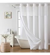 eachope White Farmhouse No Hook Shower Curtain Set with Snap-in Fabric Liner,Boho Heavy-Duty Line...