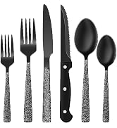 Black Hammered Silverware Set, 24-Piece Stainless Steel Square Flatware Set with Steak Knives for...