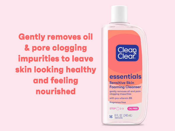 Clean & Clear Essentials Foaming Cleanser on pink background, gently removes oil & impurities