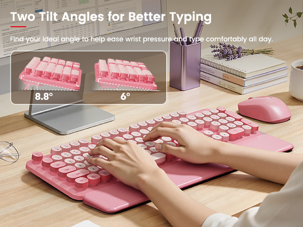 Two adjustable tilt angles (6° and 8.8°) help reduce wrist strain and improve typing comfort.