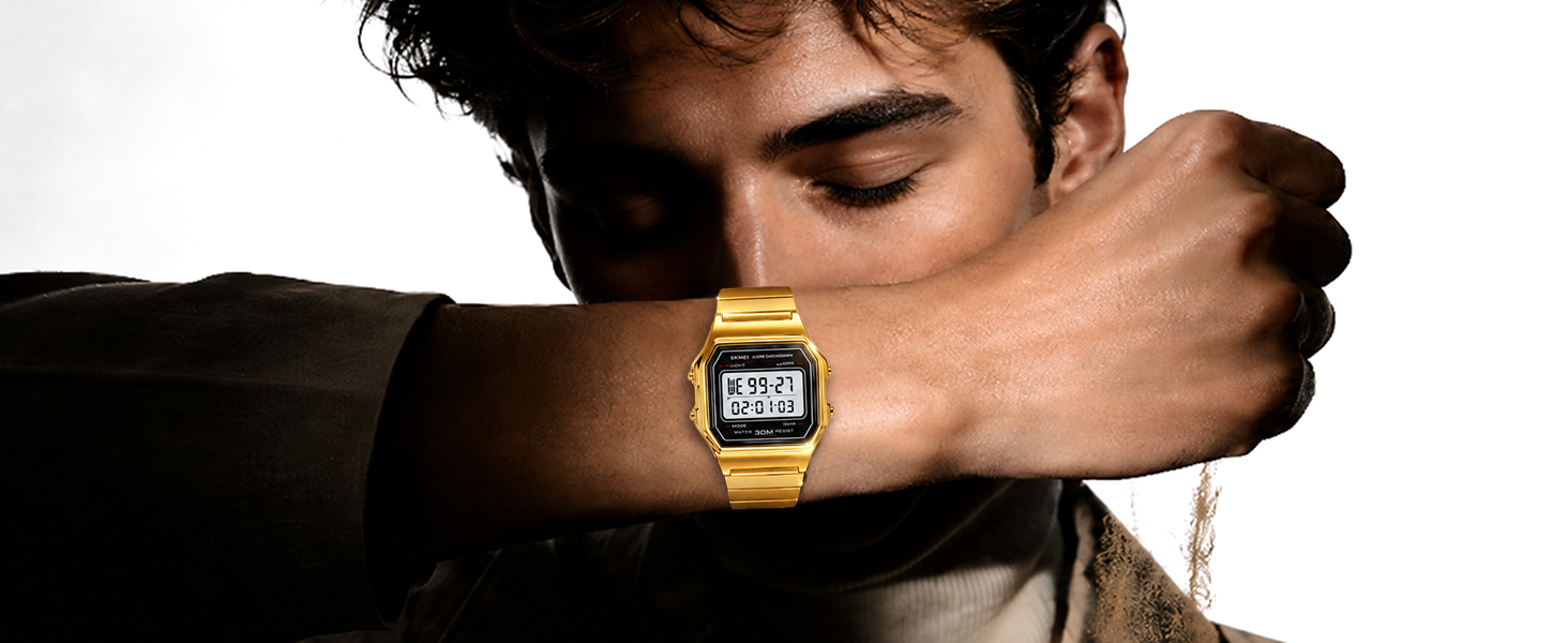 Gold digital watch for men, stainless steel band, clear display, waterproof wristwatch