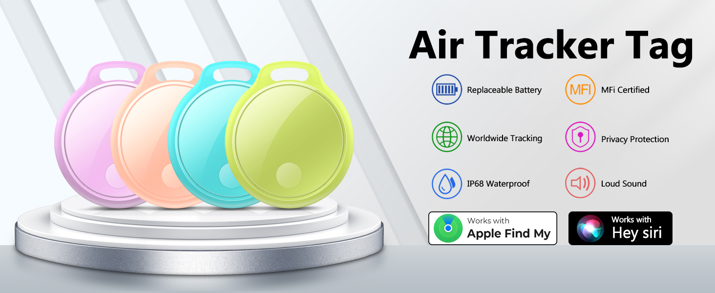Text reads 'Air Tracker Tag'. Display of round tracking devices in pastel colors (pink, orange, yellow, green) on white platform with app interface icons below.