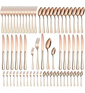 A · HOUSEWARE Rose Gold 60-Piece Silverware Set, Stainless Steel Flatware Cutlery Set for Home an...