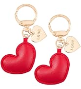 CALFOVERA 2PCS Red PU Leather Heart Shaped Keychain Pendant Cute Heart Key Fob Keyring Ornament w...