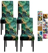 Marble Chair Covers Set of 4 – Green Gold Abstract Pattern Stretch Dining Chair Slipcovers Washab...