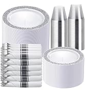 WELLIFE 350 Pieces Silver Disposable Plastic Dinnerware, Silver Lace Plates for Wedding & Party, ...