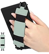 Tablet holder with mint green elastic strap and leather patches. Hand demonstrating secure grip on black tablet. Inset shows full strap design.