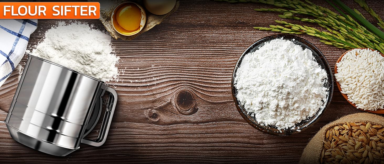 flower sifter for baking shown with flour bowl eggs and baking ingredients on wood table