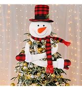 Juegoal Christmas Snowman Tree Topper, Large Plush Snowman Treetop Hugger with Red Black Plaid To...