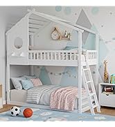 DUMOS Wood Twin Over Twin House Bunk Bed, Loft Bed with Ladder, Safety Guardrail, Wooden Slats & ...