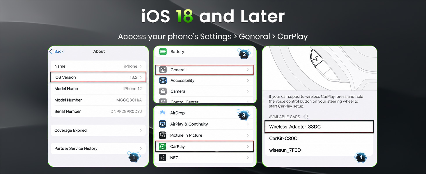 Wireless CarPlay adapter guides iOS users to check CarPlay settings before setup.