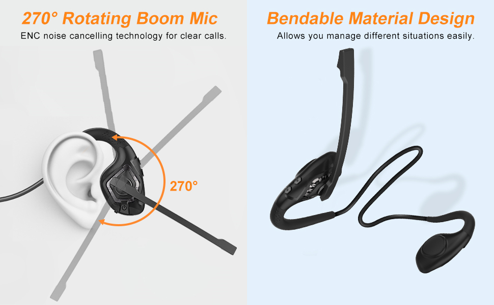 Wireless earbud with 270-degree rotating boom microphone and bendable design, shown in split image demonstrating rotation capability and flexible material.
