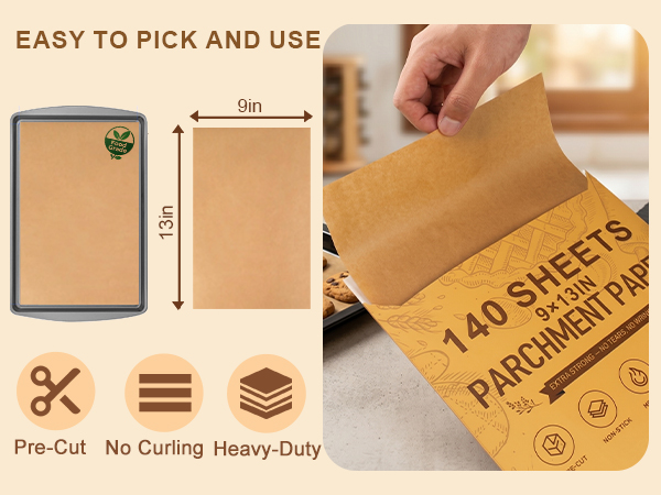Pre-cut 9x13 inch parchment paper, 140 sheets, heavy-duty, no curling, easy to pick and use.