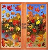 CCINEE 216pcs Maple Window Clings 6 Sheets Fall Leaves Assorted Maple Oak Leaves Acorns Window St...