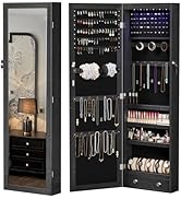 DUMOS 6 LEDs Mirror Jewelry Cabinet, Wall or Door Mounted Jewelry Organizer, 47.2-Inch Tall Locka...