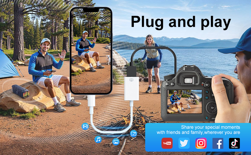 Text reads 'Plug and play'. Composite image showing phone mount setup in outdoor settings, with social media icons at bottom. Device allows mounting phone for photography at scenic locations.