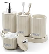 LEWONO Cream Bathroom Accessory Set 5 Piece with Soap Dispenser, Storage Jar, Bathroom Counter Tr...