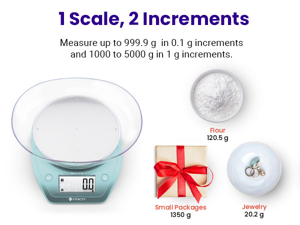 Can measure up to 999.9 g in 0.1 g increments and 1000 to 5000 g in 1 g increments