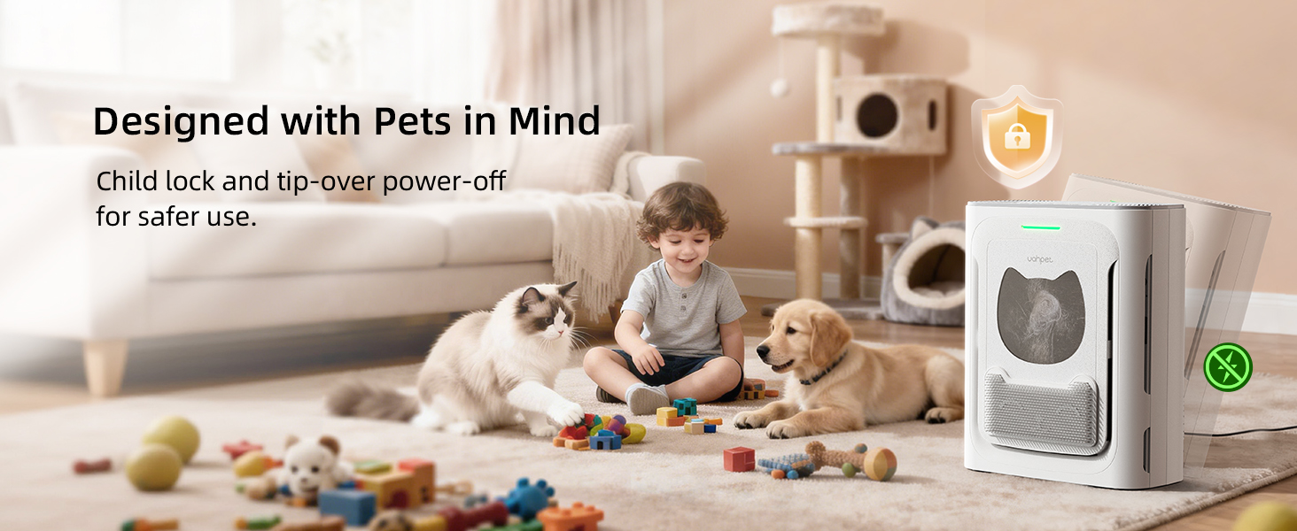 Graphic showing two safety features: child lock and auto tip-over power-off for safe use in homes