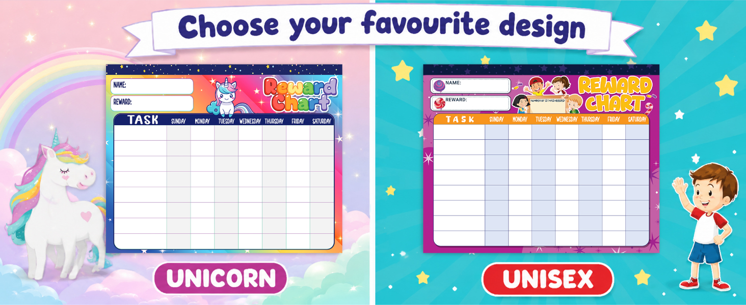 Choose unicorn or unisex reward chart design for boys and girls