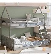 Giantex Wood Twin Over Full Bunk Bed, Solid Wood House Bed Frame Built in Ladder & Safety Guardra...