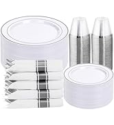 DaYammi 350PCS Silver Plastic Dinnerware Set for 50 Guests, Fancy Disposable Plates for Party, In...