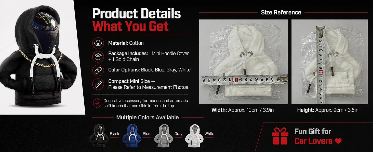 Product details for the mini hoodie shift knob cover, including size, contents, and colors.