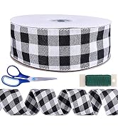 Winlyn 50 Yards Black and White Buffalo Check Plaid Wired Ribbon Gingham Ribbon 2.5" Wide for Chr...