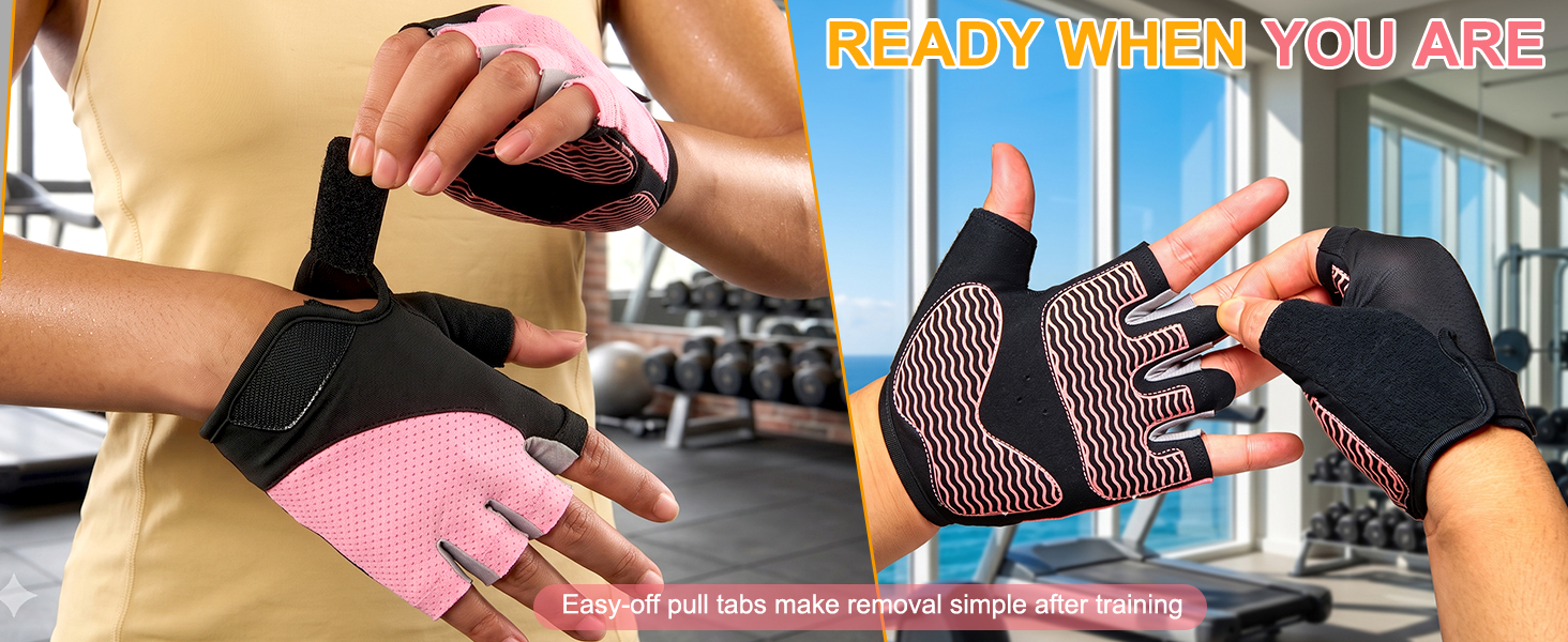 Workout gloves with easy-off finger pull tabs