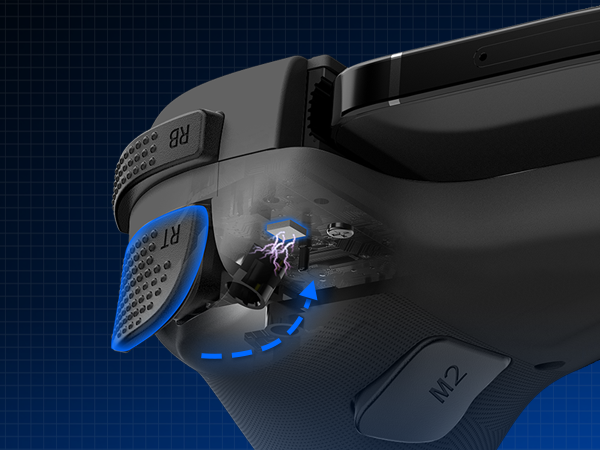 Close-up of black electronic gaming device with blue accents and textured grip surface against dark blue background. Device shows numbered button pad and control interface with LED lighting.