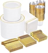 GATHER 700PCS Gold Plastic Plates - Whtie and Gold Disposable Dinnerware Sets 100Guest - 200 Disp...