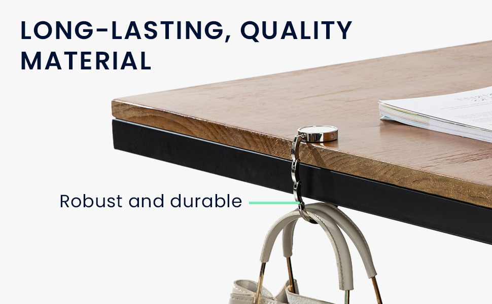 Text reads 'LONG-LASTING, QUALITY MATERIAL' and 'Robust and durable'. Images showing wooden furniture or desk mounting system.