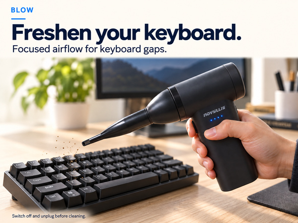 Electric keyboard air duster blowing loose dust from between keys with a narrow nozzle